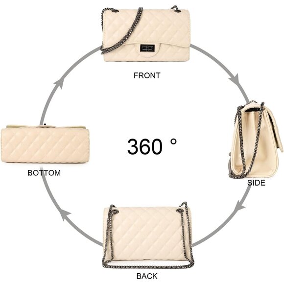 Women Beige PU Quilted Stylish Crossbody Bags with Chain Strap & Flap Closure - Picture 6 of 6